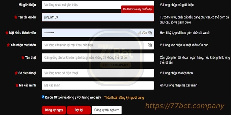 Bieu mau dang ky tai khoan 77Bet